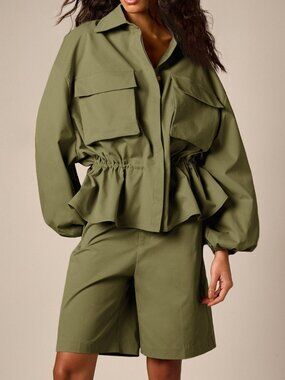 Green Casual Women's Oversized Belted Dual Flap Shacket